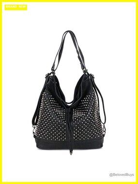 Oversized Studded Bucket Bag Vegan Leather 3-in-1 Convertible Backpack Crossbody